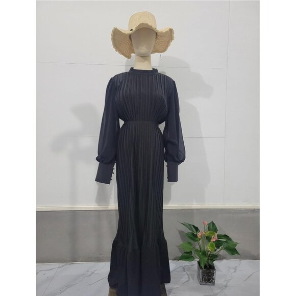 Women's Black Pleated Maxi Dress Polyester Chiffon High Waist Belted Evening - Picture 5 of 5